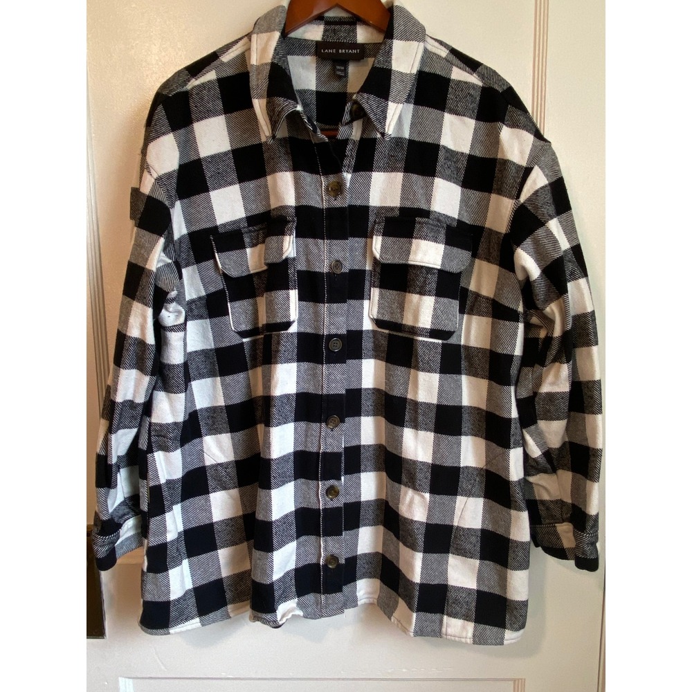 Lane Bryant Womens 18/20 Black White Buffalo Plaid Cotton Flannel Shirt A83814